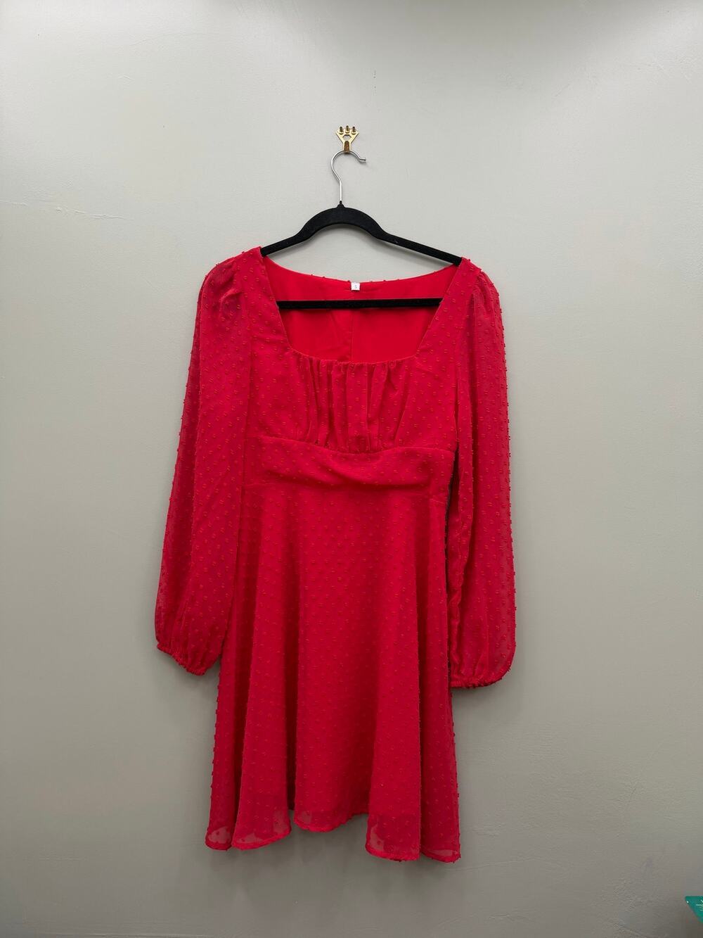 Women's Red Swiss Dot Mini Dress Puff Sleeve Square Neck Size S